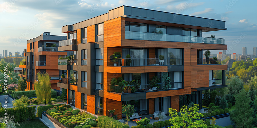 A modern apartment building with a sleek design featuring expansive balconies and large glass windows. Surrounded by lush greenery, the building offers a stylish and comfortable living environment. A modern apartment building with a sleek design featuring expansive balconies and large glass windows. Surrounded by lush greenery, the building offers a stylish and comfortable living environment.