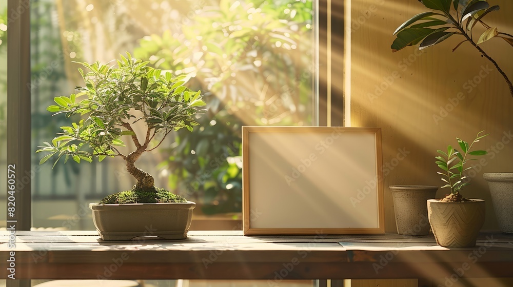 Sunlit peaceful corner with bonsai and empty picture frame Sunlit peaceful corner with bonsai and empty picture frame