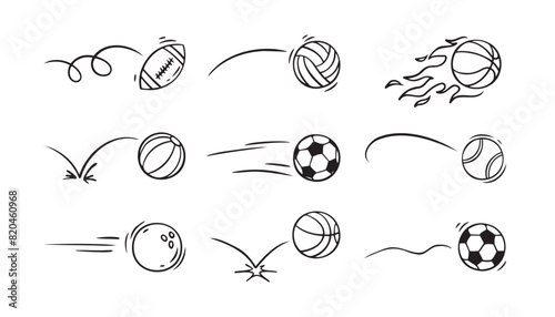  Doodle sport ball trajectory bounce collection. Line hand drawn balls set