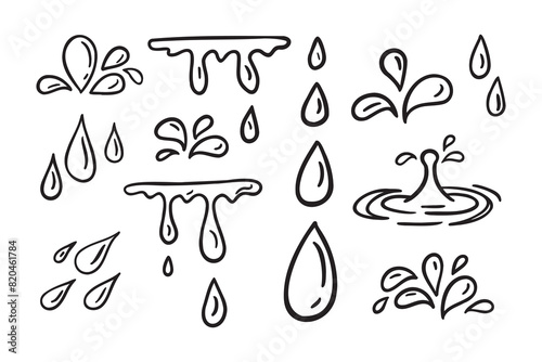 Water drops doodle icon sign. Decorative set Droplet splash symbol. Hand drawn ink sketch