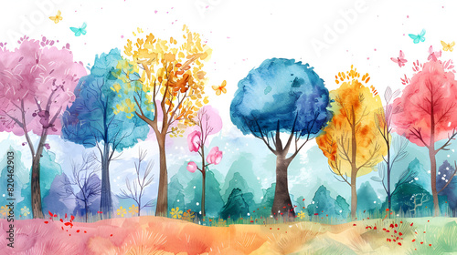 Cute watercolor spring forest View of colorful forest  generative Ai