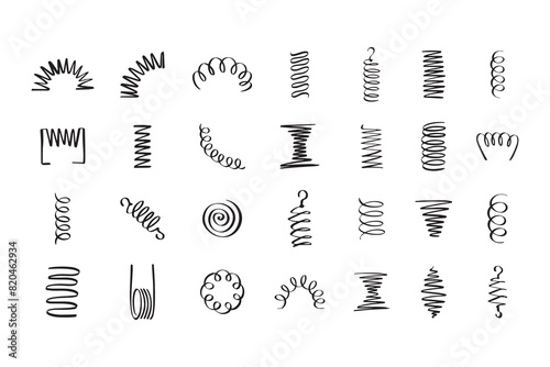 Drawing spiral set. Hand drawn Metal coil spiral icons. Doodle flexible coils, wire spring symbols 