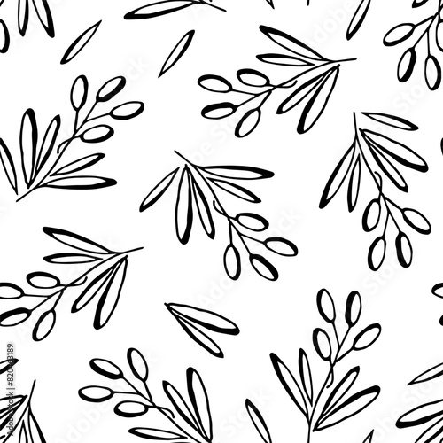 Branches with olives and leaves on a white background. Simple vector seamless pattern. Organic products, food. Black outline, ink sketch. For packaging prints, textiles.