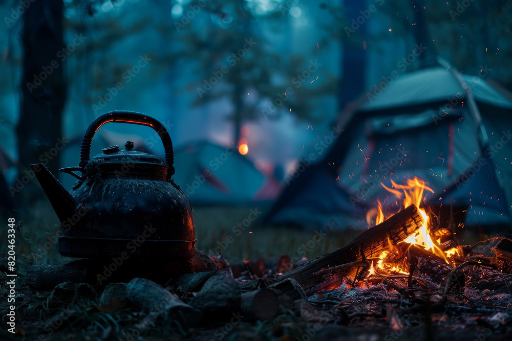 A black kettle sits on a fire next to a tent A black kettle sits on a fire next to a tent