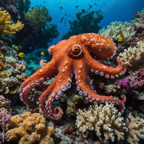 A colorful octopus blending into a vibrant coral reef.  