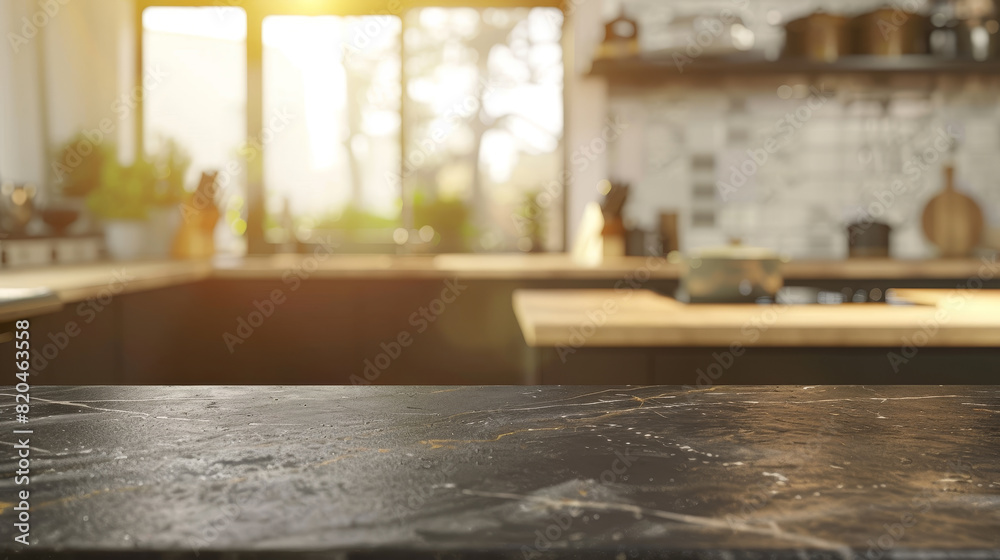 A kitchen with a countertop that is black and has a shiny surface A kitchen with a countertop that is black and has a shiny surface