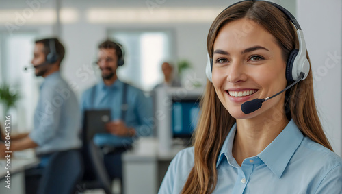 Portrait of a smiling Friendly and helpful customer service representative wearing a headse