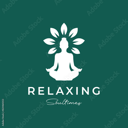 woman natural leaves relax yoga pose posture seated modern minimalist simple logo design vector icon illustration