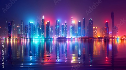 Captivating city skyline at night, with colorful lights reflecting on calm waters.