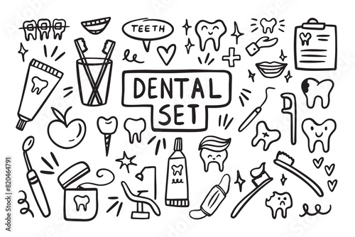 Dentistry dental doodle icon set. Hand drawn line stomatology, dental, odontology 