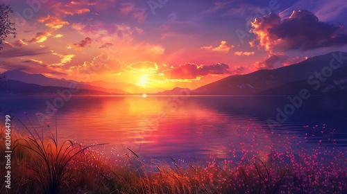 Captivating sunset over a tranquil lake  painting the sky with hues of orange  pink  and purple.