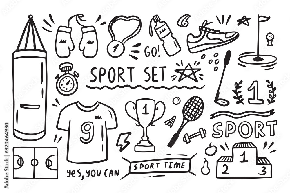 Sport elements doodle. Funny hand drawn Cute cartoon black and white collection. Sport elements doodle. Funny hand drawn Cute cartoon black and white collection.