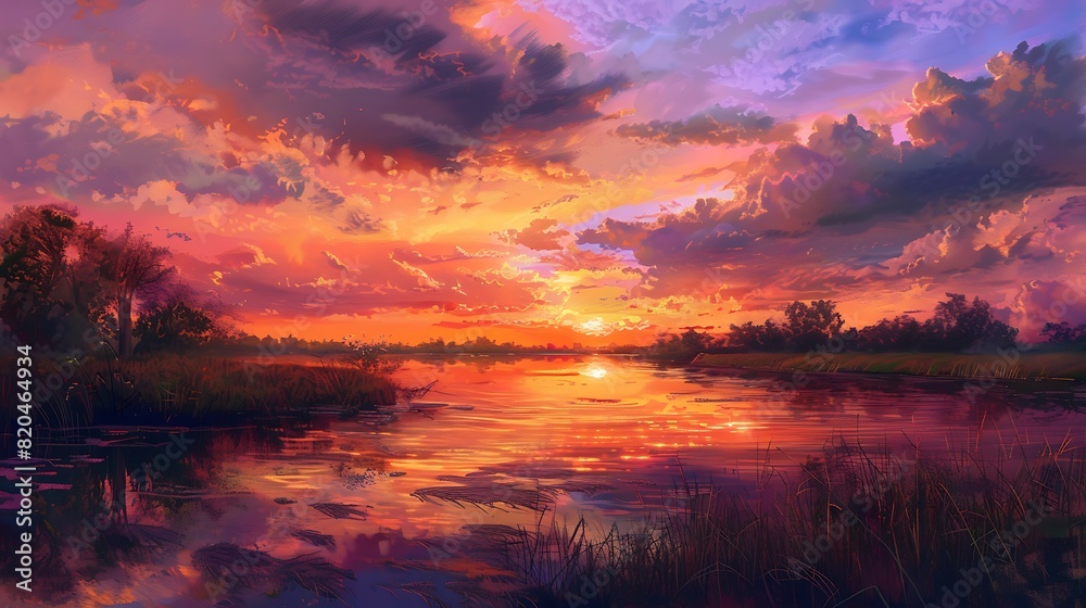 Captivating sunset over a tranquil lake, painting the sky with hues of orange, pink, and purple.