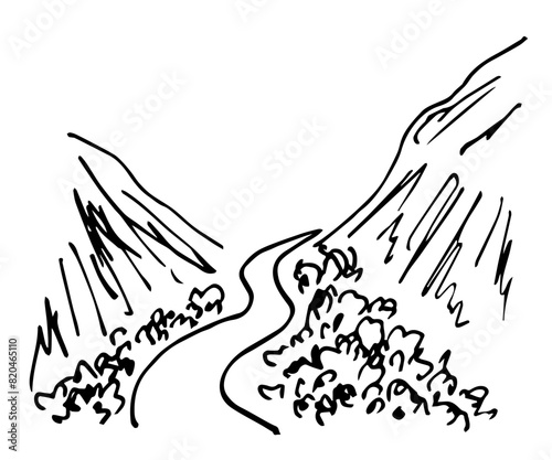 Mountain landscape, valley, gorge, trees and bushes, road. Nature and summer landscape. Simple black outline vector drawing. Sketch in ink.