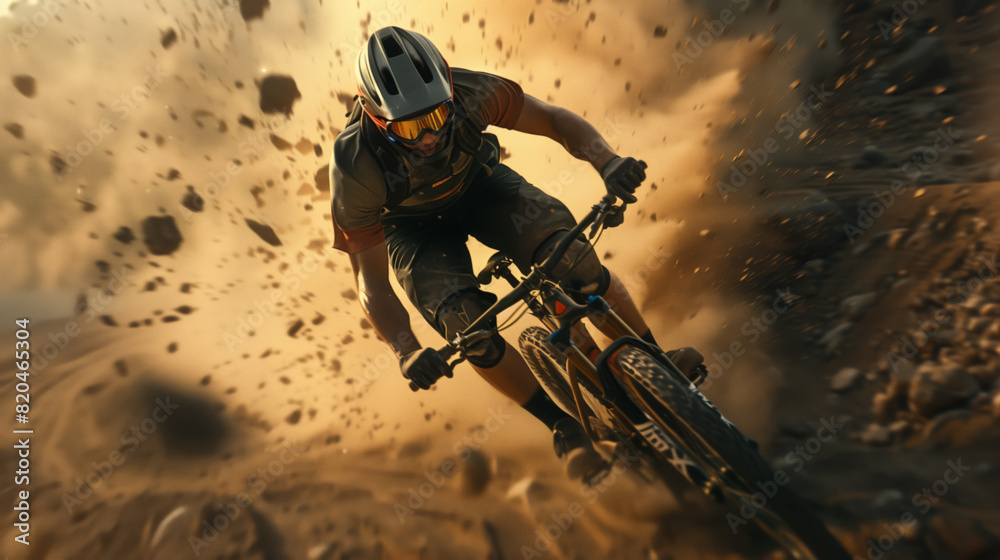 A professional mountain biker rides on a dusty, dirty, rocky mountain road. The scene is dynamic and exciting A professional mountain biker rides on a dusty, dirty, rocky mountain road. The scene is dynamic and exciting