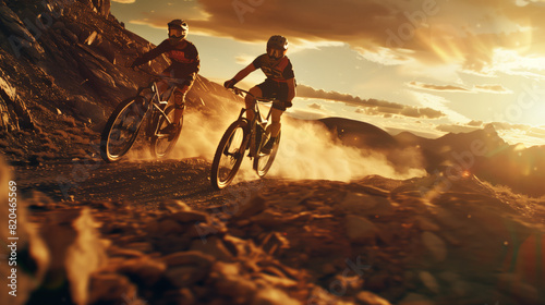 Two mountain bikers in helmets ride in the mountains at sunset. Two men on bicycles are riding along a dirt road