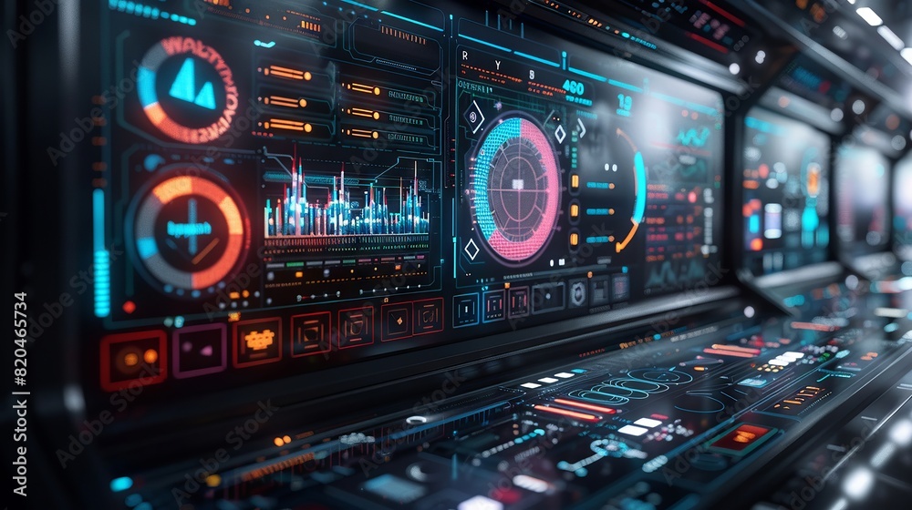 A futuristic digital interface displaying multiple screens with graphs, charts, and icons representing cloud computing, data analytics, and connectivity A futuristic digital interface displaying multiple screens with graphs, charts, and icons representing cloud computing, data analytics, and connectivity