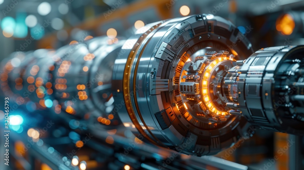 Realistic scene of a robot working on a nuclear device, focusing on intricate parts Realistic scene of a robot working on a nuclear device, focusing on intricate parts