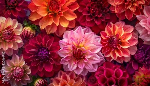 Vibrant Dahlia Garden, A high-resolution image capturing a colorful array of dahlia flowers in full bloom, perfect for backgrounds, greeting cards, or garden-themed designs © Pornfa