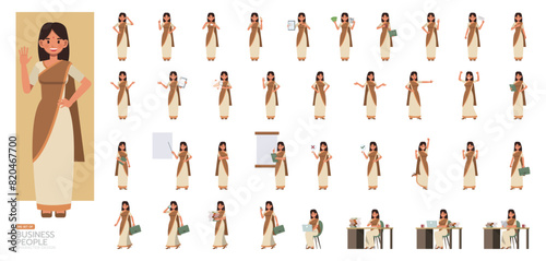 Big Set of Indian businesswoman wear saree character vector illustration design. Presentation in various action. People working in office planning, thinking and economic analysis.