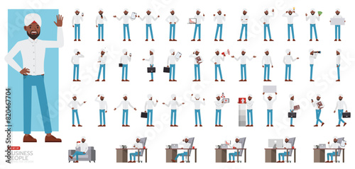 Big Set of Indian businessman wear white color shirt character vector design. Indian people working in office planning, thinking and economic analysis.