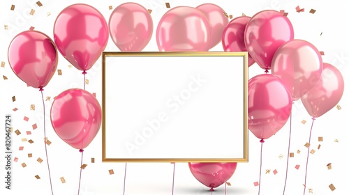 Elegant Golden Frame with Pink Balloons Isolated on White Background - Perfect for Celebrations and Congratulations