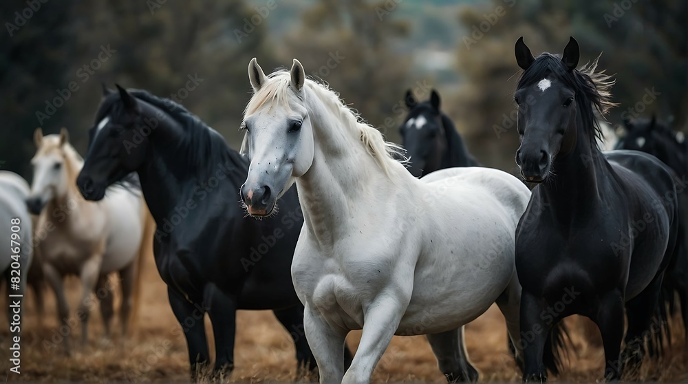 Herd of Black and White Horses Running Wild Herd of Black and White Horses Running Wild