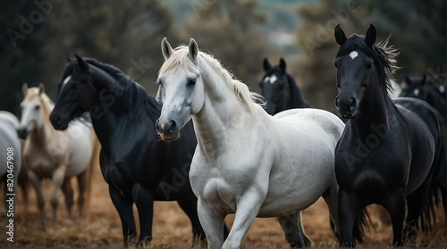 Herd of Black and White Horses Running Wild