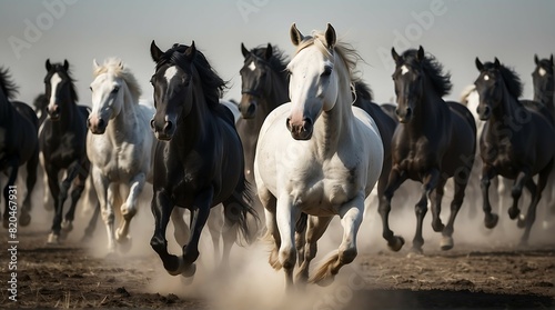 Herd of Black and White Horses Running. © ASGraphicsB24