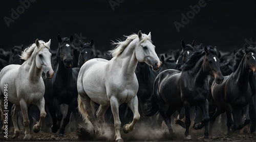 Herd of Black and White Horses Running Wild