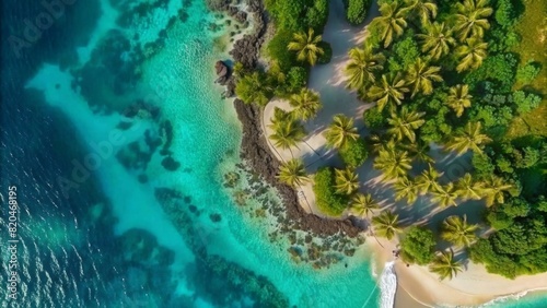 Aerial view of a tropical beach with turquoise water and coral reef, in the documentary photography style, taken from a drone with a wideangle lens and high resolution camera