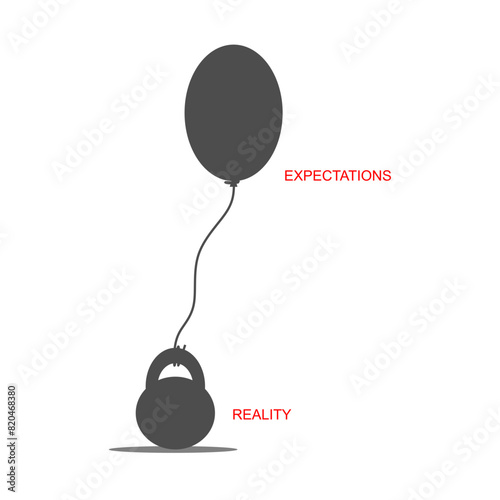 Difference between life expectations and reality. Simple life expectations and hard reality. Kettlebell tied to a balloon