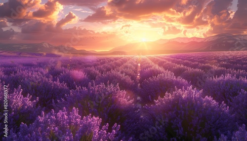 Lavender Fields at Sunset  Capture the serene beauty of lavender fields bathed in the warm hues of a setting sun