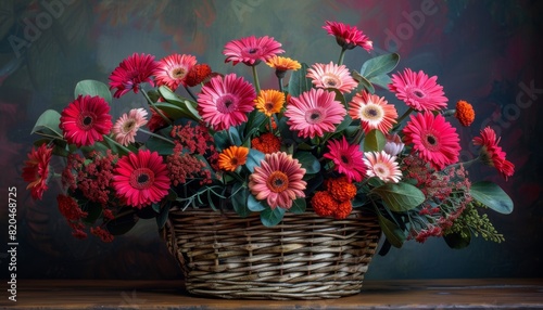 Gerbera Floral Arrangement, Photograph a stylish floral arrangement featuring Gerbera daisies combined with complementary flowers and foliage in a decorative vase or basket