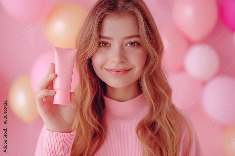 Young woman holding a pink cosmetic product, smiling against a pink balloon background, promoting skincare and beauty products. Young woman holding a pink cosmetic product, smiling against a pink balloon background, promoting skincare and beauty products.