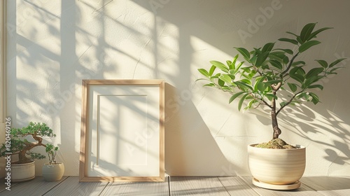 Calm morning light casting shadows around bonsai and blank frame © vectorizer88