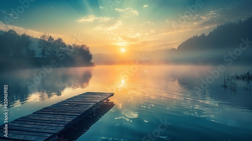 Tranquil sunrise over a still lake, casting a golden glow on the water and trees. photo
