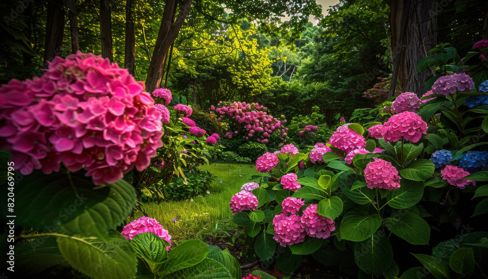 Hydrangea Garden in Full Bloom Explanation, This prompt suggests photographing a lush garden filled with blooming hydrangea bushes Hydrangea Garden in Full Bloom Explanation, This prompt suggests photographing a lush garden filled with blooming hydrangea bushes