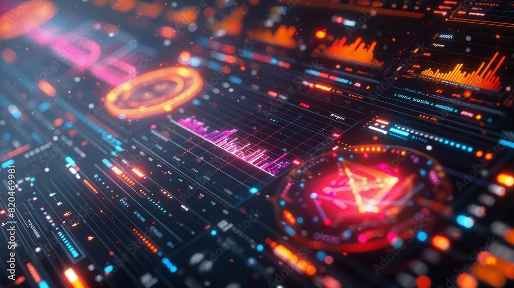 High-Tech Data Interface with Graphs and Charts in Neon Colors High-Tech Data Interface with Graphs and Charts in Neon Colors
