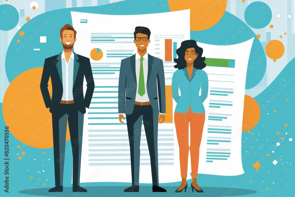 Obraz premium Illustration of a professional team standing in front of financial reports and charts, representing teamwork and business success.