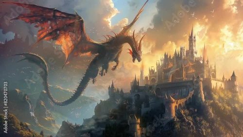 Wyvern in the sky with a castle background, medieval fantasy. Looping time-lapse video. photo