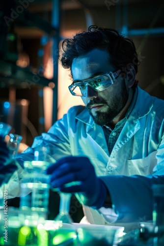 Professional Photography of a Scientist conducting experiments in a laboratory late at night, focused and determined, Generative AI