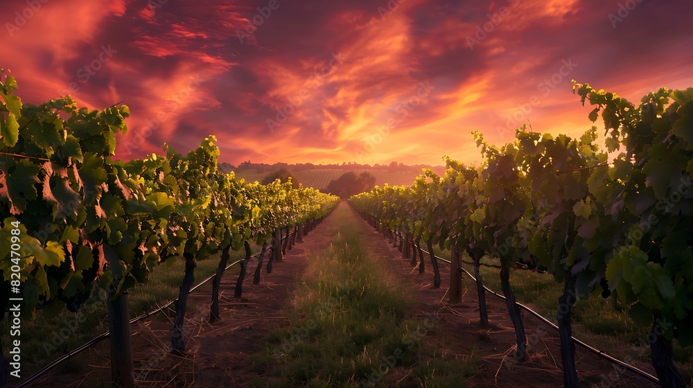 Charming vineyard at sunset, with rows of grapevines stretching into the distance under a pink and orange sky.