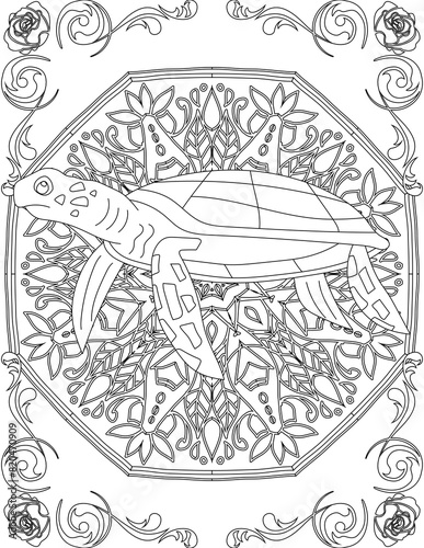 Sea Turtle on Mandala Coloring Page. Printable Coloring Worksheet for Adults and Kids. Educational Resources for School and Preschool. Mandala Coloring for Adults