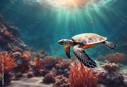 Photo realistic image of a turtle under water. Coral reef and annemone fish. Sunset.  Mysterious
