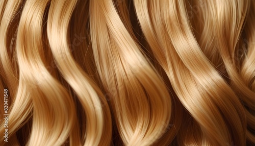 Blond hair close-up as a background. Women s long blonde hair. Beautifully styled wavy shiny curls. Hair coloring. Hairdressing procedures  extension.