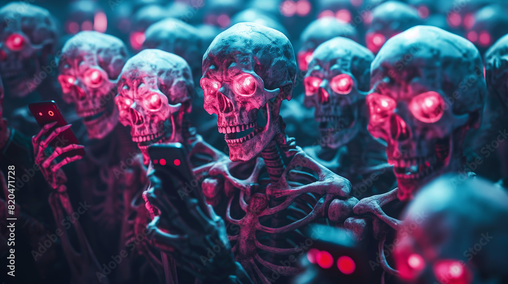 A futuristic scene of glowing skeletons with red eyes using smartphones, depicting technology's dominance over the afterlife.