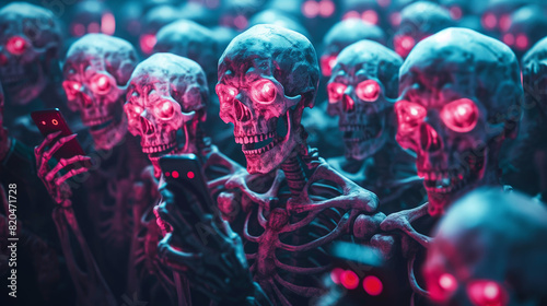 A futuristic scene of glowing skeletons with red eyes using smartphones, depicting technology's dominance over the afterlife. photo