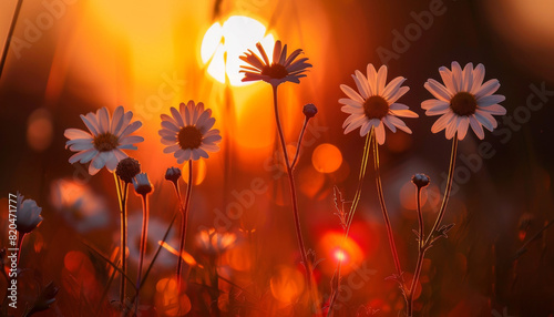 Sunset Silhouette with Daisies in Foreground,Capture the enchanting silhouette of daisies against the backdrop of a mesmerizing sunset