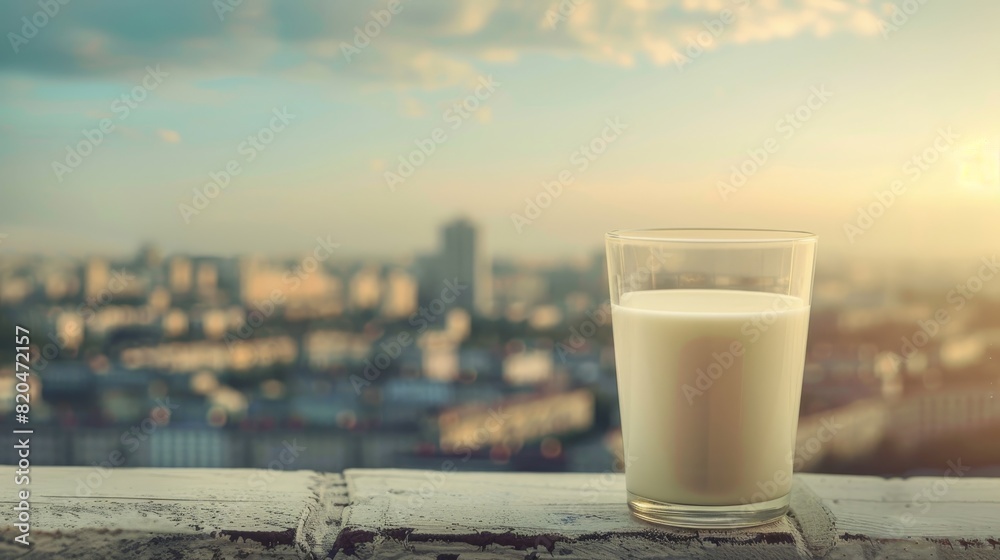 Glass of milk with cityscape background, perfect for World Milk Day promotions, dairy product advertisements, and urban lifestyle marketing campaigns